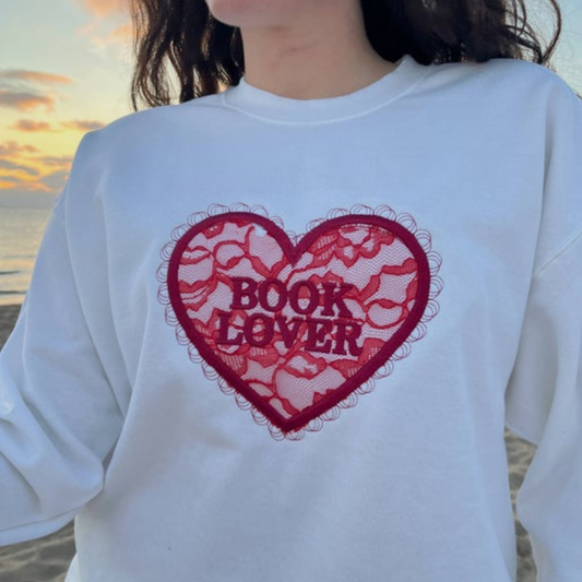 Book Lover Sweatshirt- Red Lace Heart