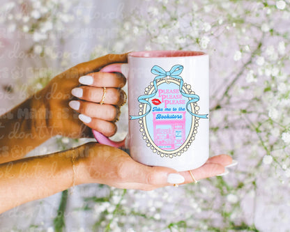Take Me to the Bookstore Mug with Pink Handle