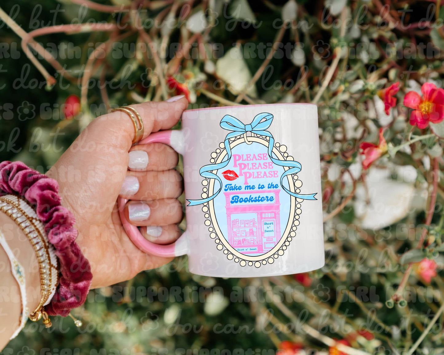 Take Me to the Bookstore Mug with Pink Handle