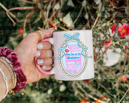 Take Me to the Bookstore Mug with Pink Handle