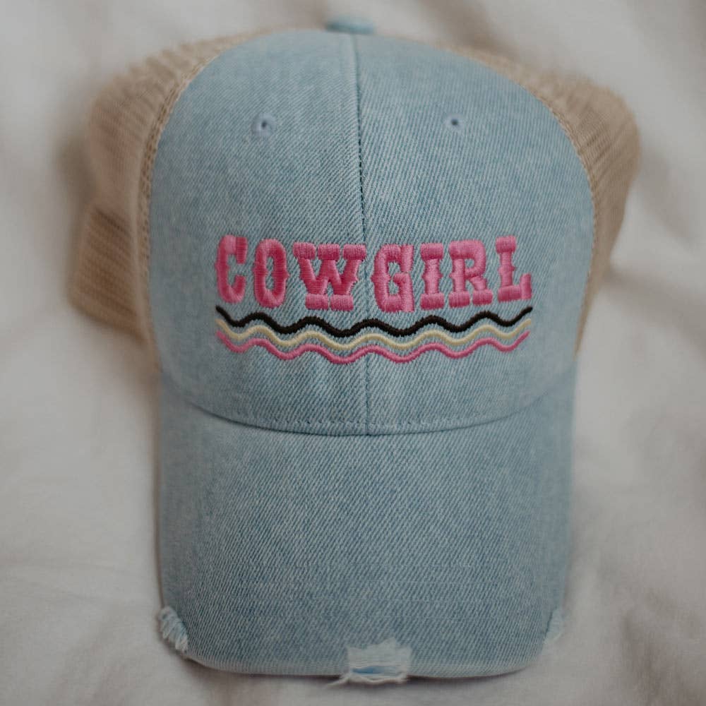 COWGIRL Spelled Out Western Denim Trucker Hat