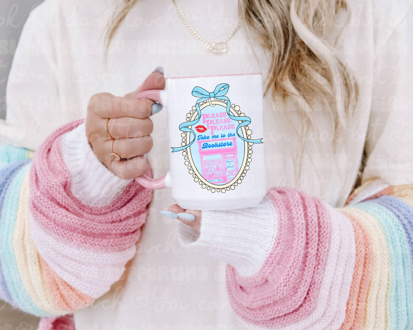 Take Me to the Bookstore Mug with Pink Handle